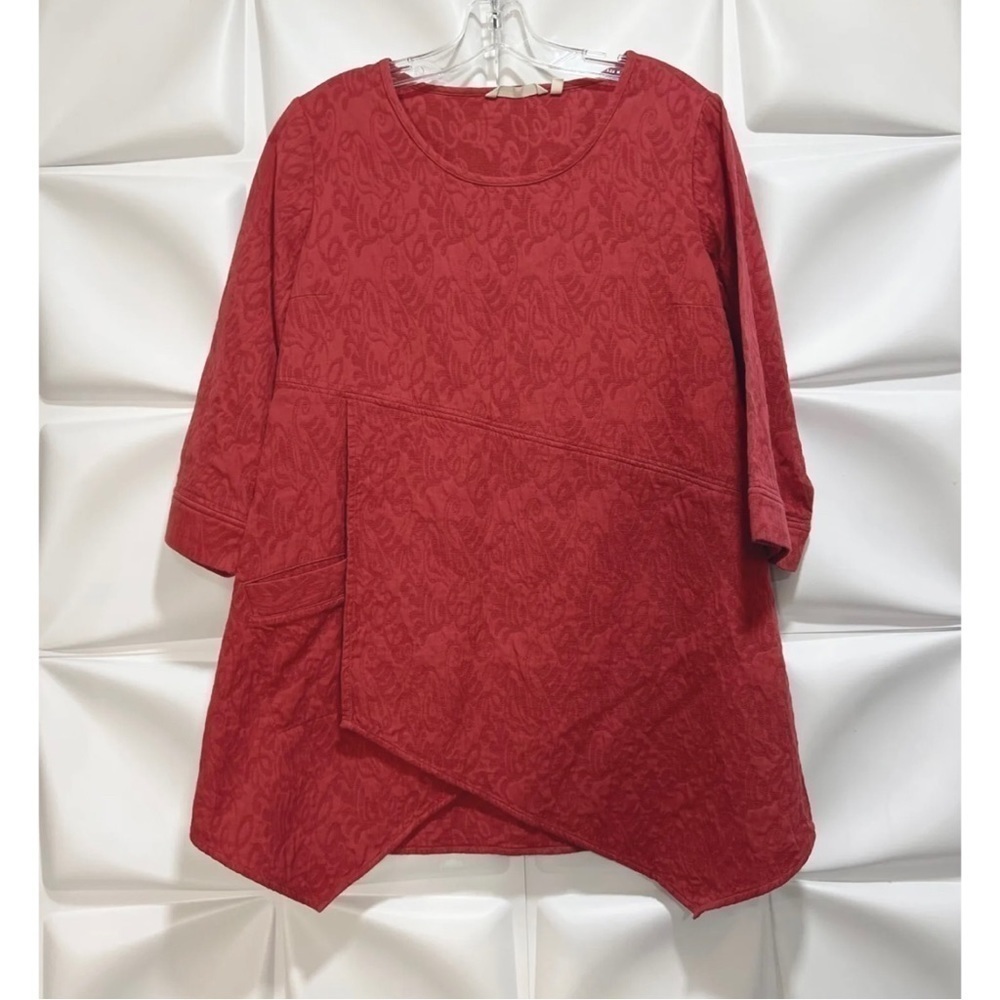 Soft Surroundings Womens Sz L Red Asymmetrical Cotton Jacquard Tunic Top Blouse - Picture 3 of 8